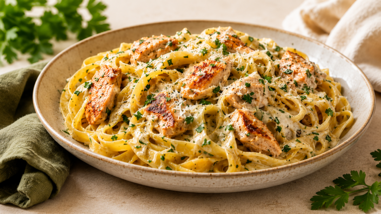 Tagliatelle Cremose al Pollo, Aglio ed Erbe Aromatiche